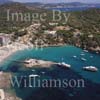 GW24560-50 = Aerial image ( with beach, bay, island restaurant and pleasure craft ) of Camp de Mar, Andratx, SW Mallorca, Balearic Islands, Spain.