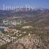 GW24610-50 = Aerial view over lookout tower ( Atalaya - restored by Claudia Schiffer ) on Andritxol headland, towards hilltop Villa complex ( developed by Claudia Schiffer ) and Camp de Mar, Andratx, SW Mallorca, Balearic Islands, Spain. 