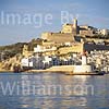GW11310 = View over the harbour entrance towards the harbour wall and historic Ibiza Town (Cathedral of Our Lady of the Snows + fortifications), Ibiza, Balearic Islands, Spain. 1996. 